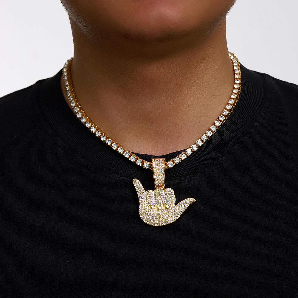 Collar con Colgante de Aleación con Diamantes Completos, Diseño de Gestos de la Suerte, Personalizado, Estilo Hip-Hop para Hombre, Cadena Cubana, Anillo de Dedo Texturizado