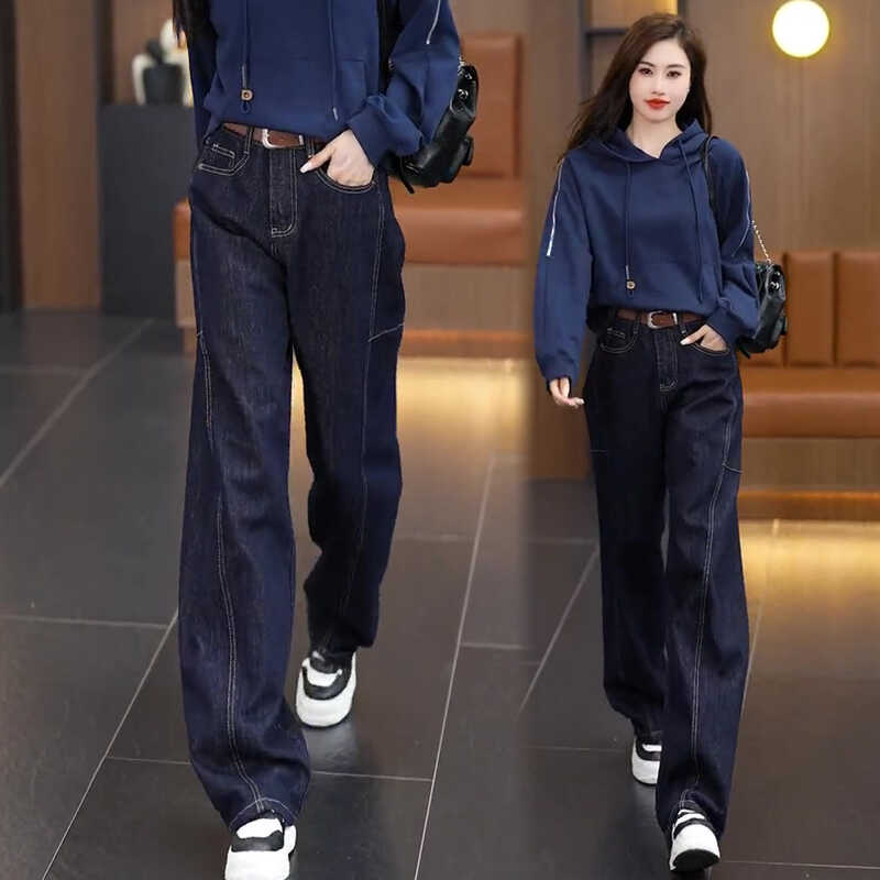 American retro jeans for women's spring and autumn new style pants high waist slim narrow version wide-leg pants loose casual straight pants