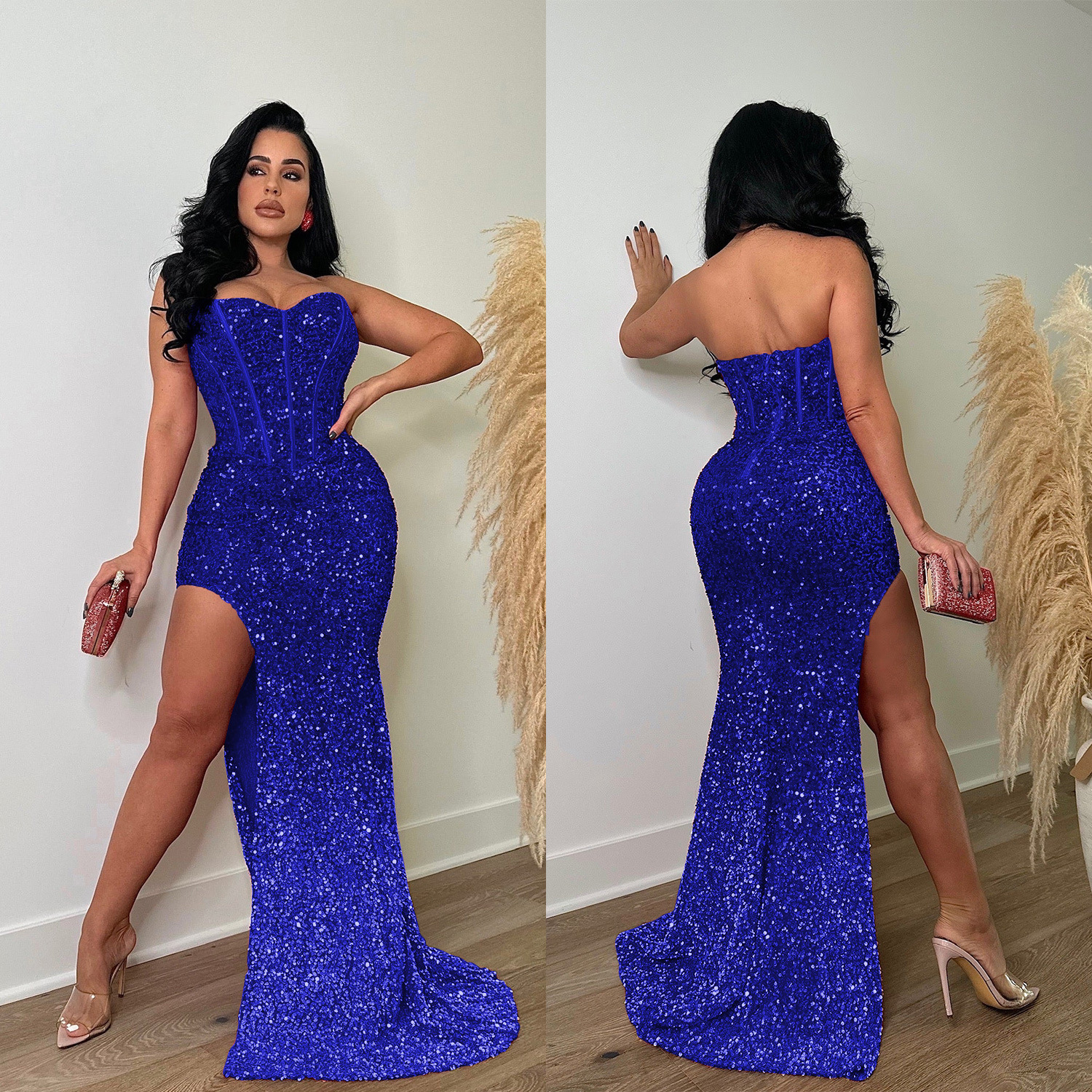 C6792 transfronterizo AliExpress Amazon Europa y América de las mujeres de la moda de color sólido de lentejuelas sin mangas vestido sin espalda vestido image 3