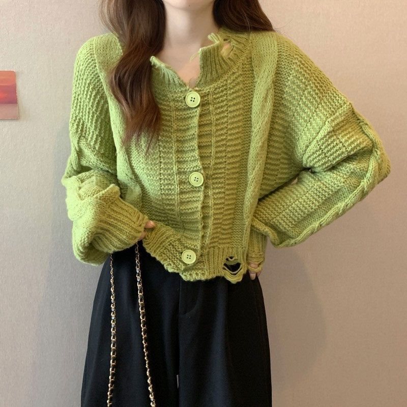 Ripped green sweater jacket for women, short design, niche style, autumn and winter outerwear, knitted cardigan top for petite figures Ripped green sweater jacket for women, short design, niche style, autumn and winter outerwear, knitted cardigan top for petite figures