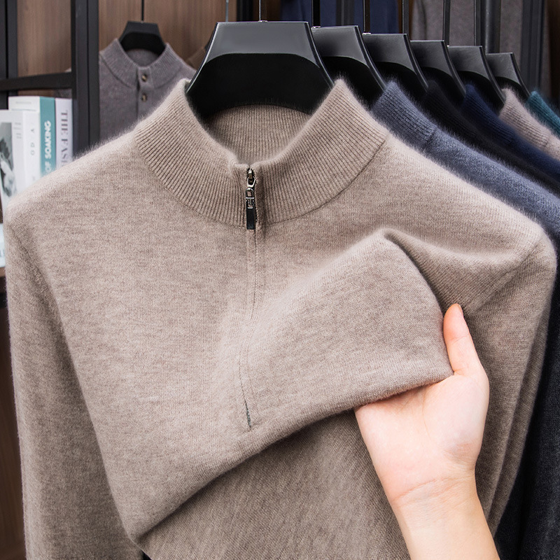 Inner Mongolia Classy Cashmere Sweater Men's Half-High Zipper Collar Middle-Aged Winter Thickeneded Pullover Bottoming Shirt Dad Sweater Men