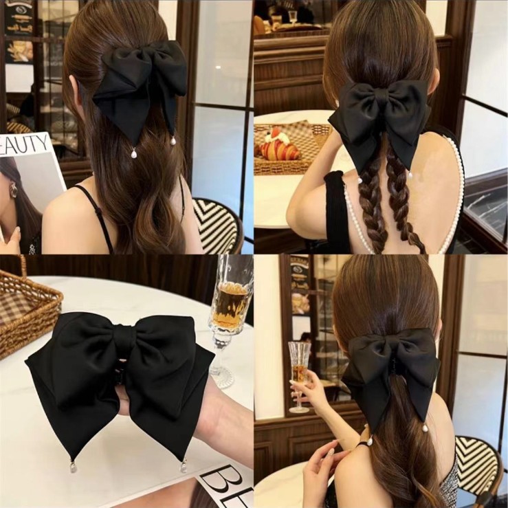 Black Satin Water Drop Bead Pendant Pleated Bow Pony Tail Clip Elegant French Style Women's Top Clip Hair Accessories Internet Celebrant