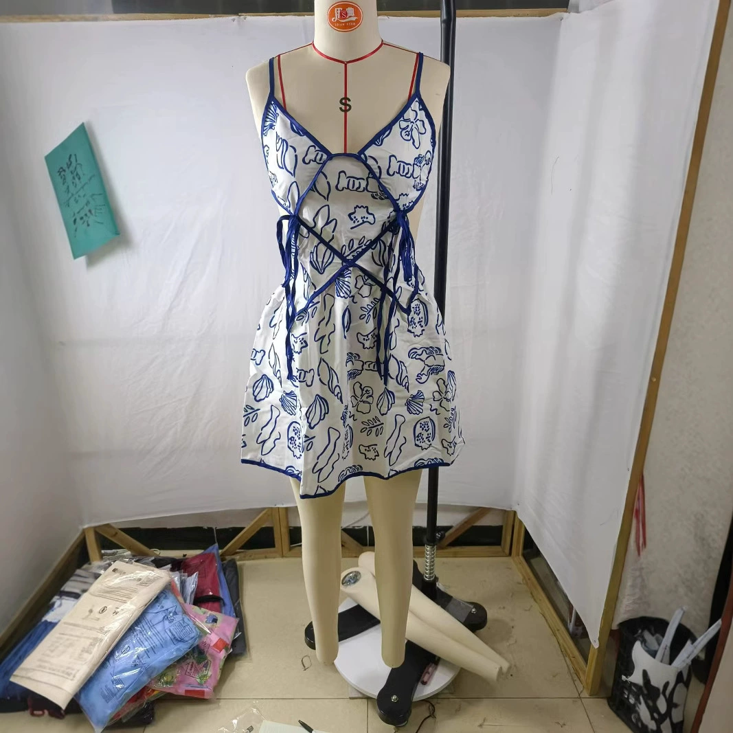 Трансграничная независимая станция Amazon 2024 новый европейский и американский летний сексуальный платье без спинки с принтом