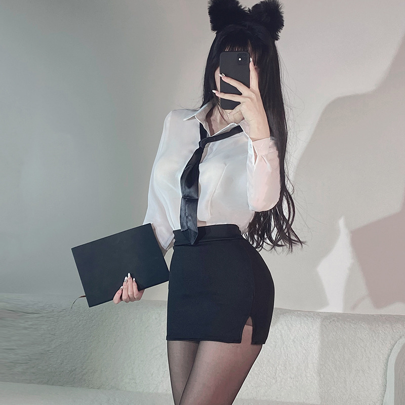 Sexy Underwear Female Secretary OL White Collar Perspective Long Sleeve Shirt Tight Hip Skirt Uniform Female Teacher Professional Wear