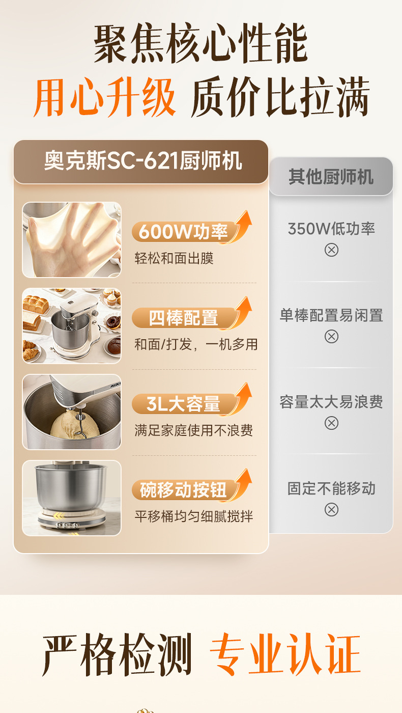 奥克斯AUX厨师机3L食物面团搅拌机和面机揉面机料理机多功能
