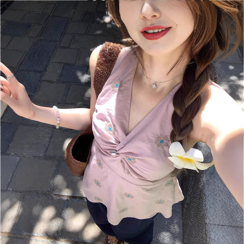 Mxiang Shan Sakura Man Dao~V-Neck Twist Sleeveless Top for Women, Summer Outerwear with Embroidery, Waist Slimming Halter Neck Blouse Mxiang Shan Sakura Man Dao~V-Neck Twist Sleeveless Top for Women, Summer Outerwear with Embroidery, Waist Slimming Halter Neck Blouse