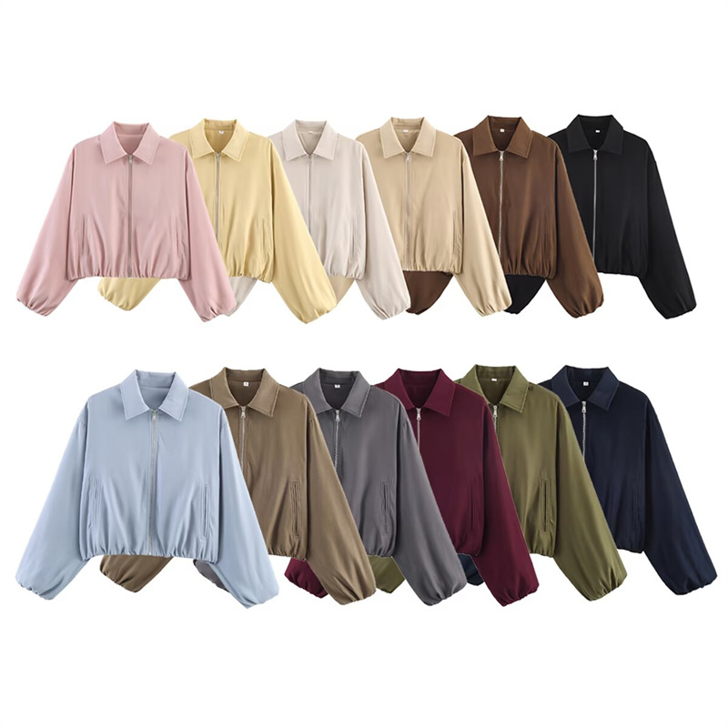 Qadın qısa şişkin jaket, cibli və fermuarlı, düz rəngli