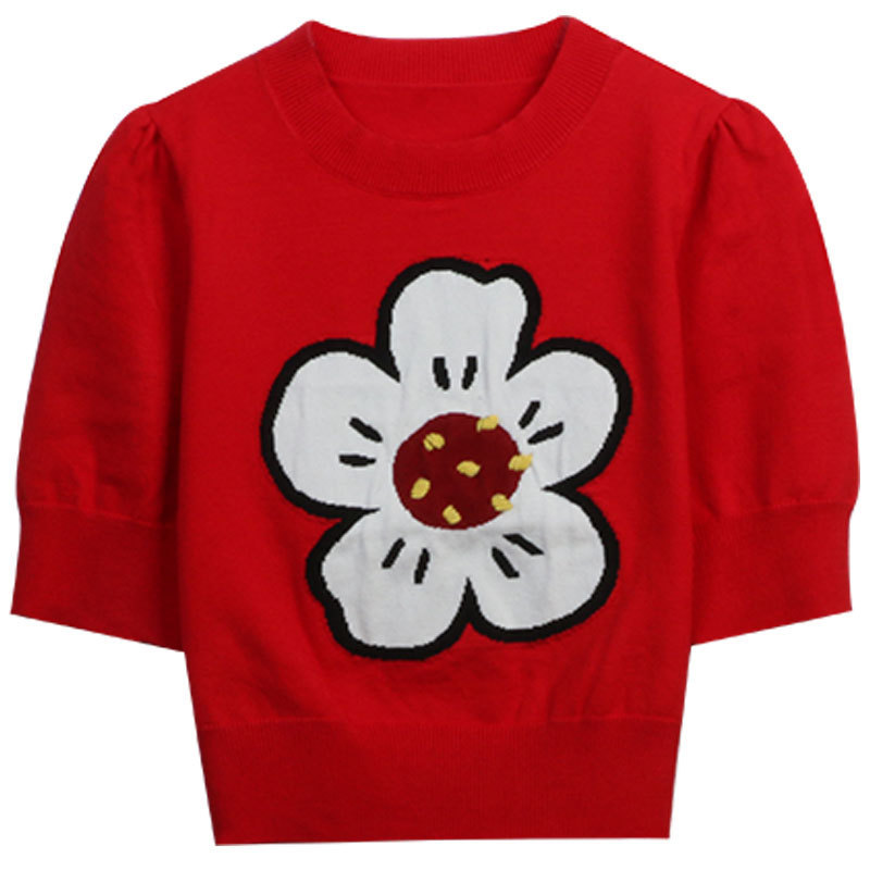 Black and White Knitted Spring New Women's Black and White Contrast Color Small Safflower Embroidery Age-reducing Round Neck Short Sleeve Short Knitted Sweater