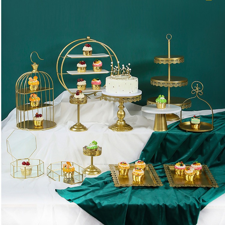 Tabla de postres de estilo europeo, estante de exhibición de bodas, banquete de bodas, estante de pastel, estante de té de la tarde, estante de golden snack set de 7 piezas