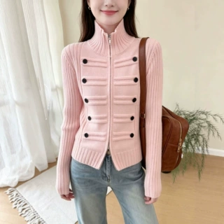高领拉链针织开衫女时尚设计感修身软糯毛衣外套秋冬打底外穿上衣