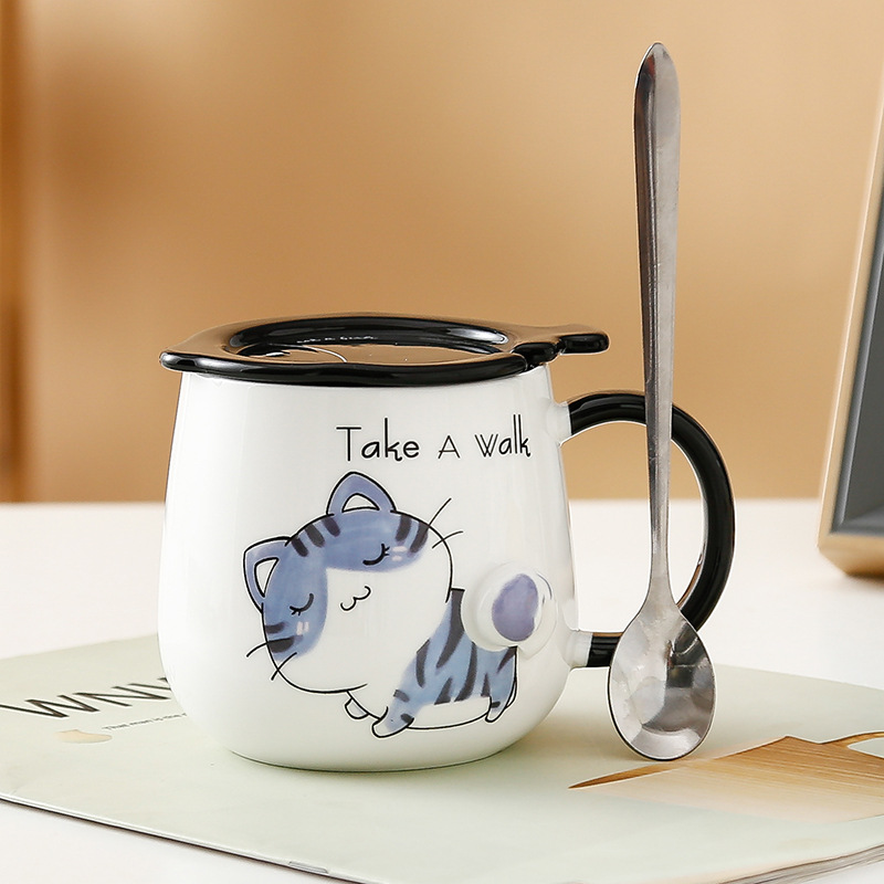 Taza de gato Mark con tapa Cuchara Taza de agua de cerámica Taza de pareja de dibujos animados de cerámica para hombres y mujeres Taza de desayuno de café de oficina