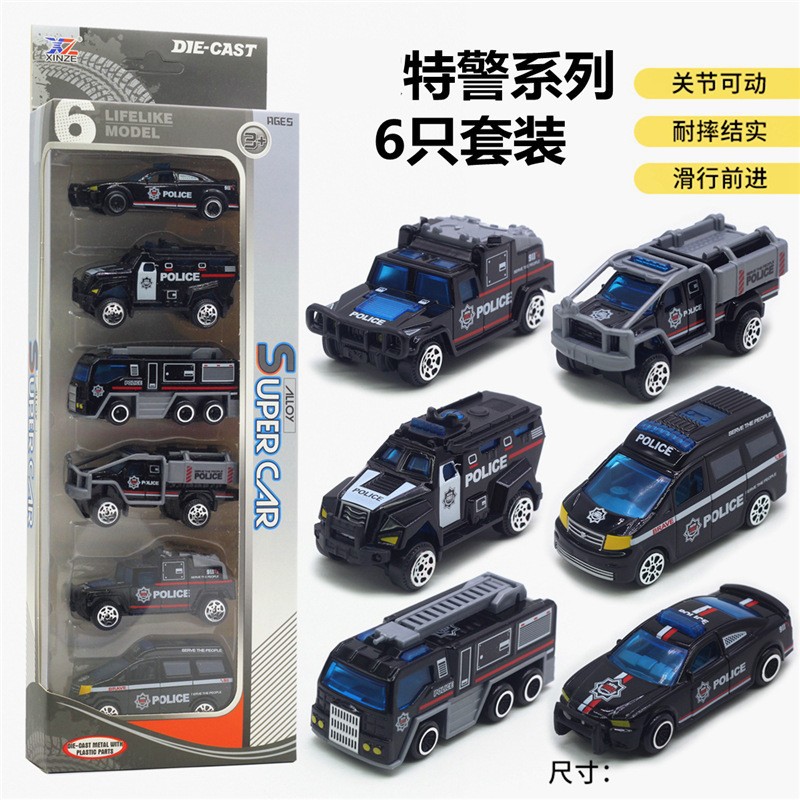 1:64合金小汽车6件套工程车警车消防车越野赛车模玩具跨境亚马逊