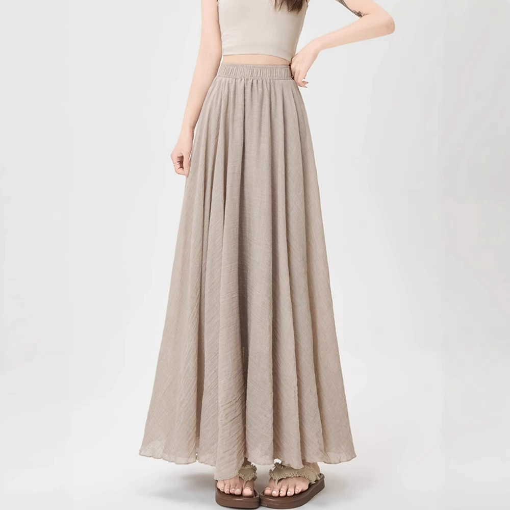 Плиссированная юбка из ледяного шелка, хлопка и льна для женщин, лето 2025, новая утягивающая драпированная юбка-зонтик с высокой талией, длинная юбка с большим подолом