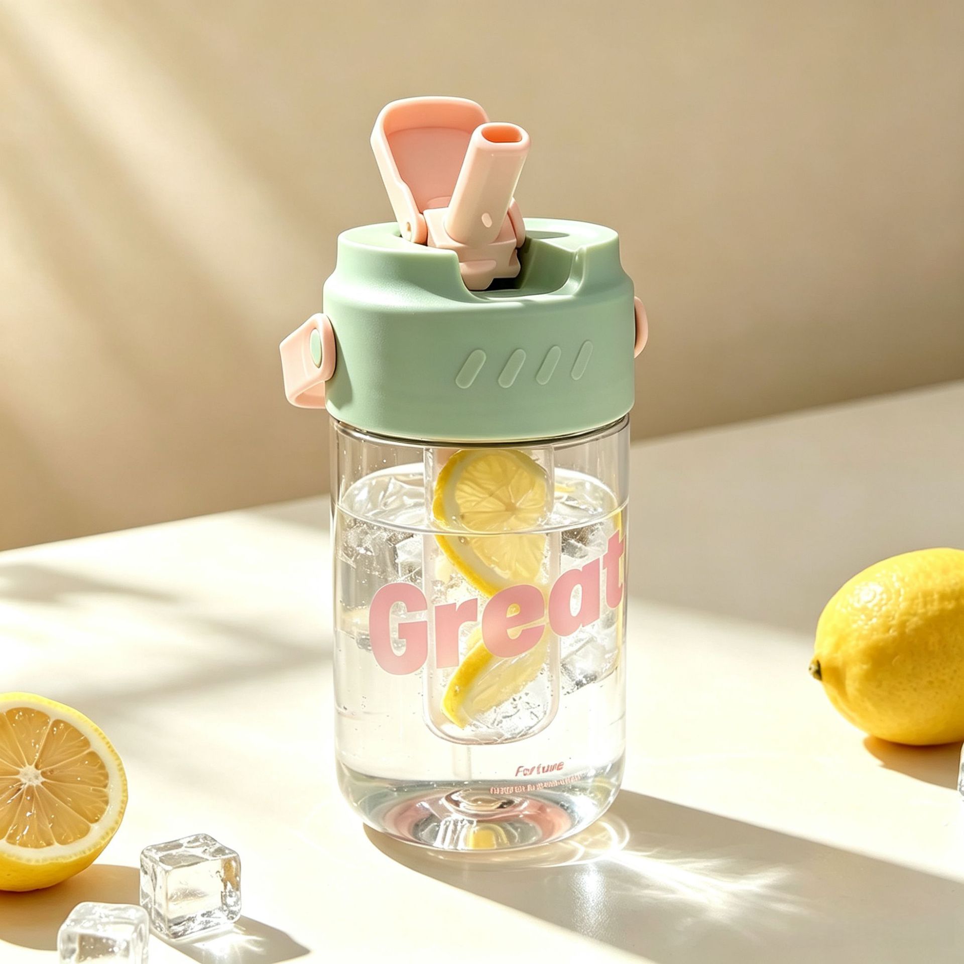 Summer stylish portable plastic water cup with tea separator and straw, large capacity simple floral tea cup for students