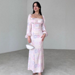 2025秋季新款欧美外贸女装长裙亚马逊印花方领长袖礼服款连衣裙女