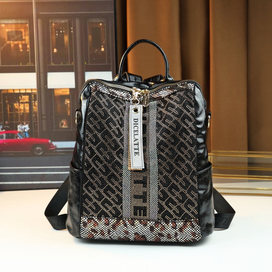 Women's Rhinestone Square Backpack Casual Versatile Shoulder Crossbody Tote Bag Multi-Compartment PU Leather Zipper Closure Medium Size_voghion.com