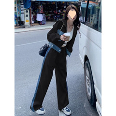 休闲运动套装女装2025春秋新款高级时尚撞色开衫连帽卫衣阔两件套