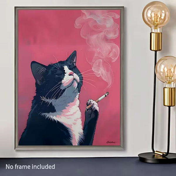 Smoking Cat Canvas Print Poster-Black Cat Theme Wall Art Decoration