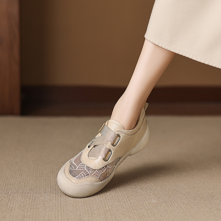 Giày sneaker nữ phối màu da thật lỗ thoáng khí đế bệt buộc dây kết hợp miếng dán — màu trắng ngà chi tiết 36