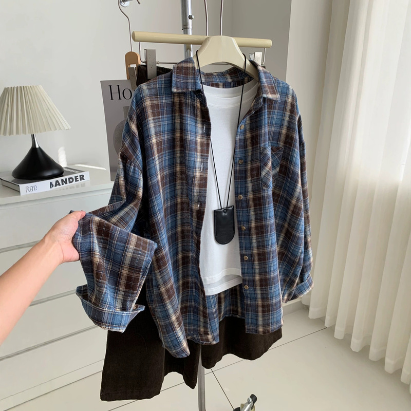 Unique vintage blue and brown plaid shirt for women, soft and skin-friendly, brushed cotton, turn-down collar, pocket, oversized shirt, Fall/Winter 2026