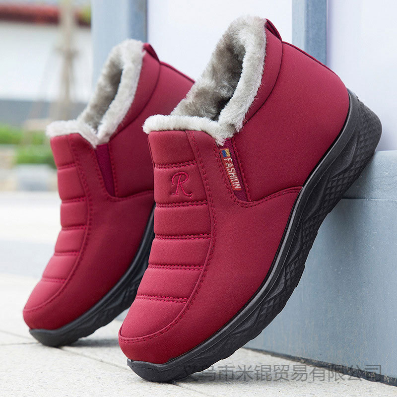 冬季跨境棉靴女中老年一脚蹬加绒加厚雪地靴外贸大码低筒男女棉鞋