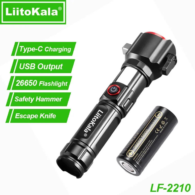 LiitoKala LF-2210 26650 Multifunción Luz fuerte ajustable Linterna portátil