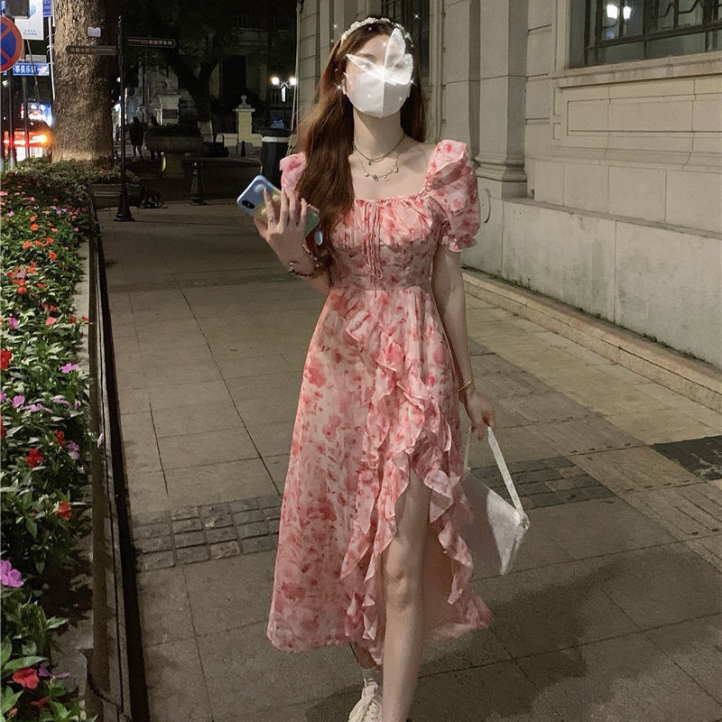꽃 원피스 여성의 우아한 부드러운 스타일 달콤하고 뜨거운 치마 여름 불규칙한 퍼프 소매 쉬폰 요정 원피스
