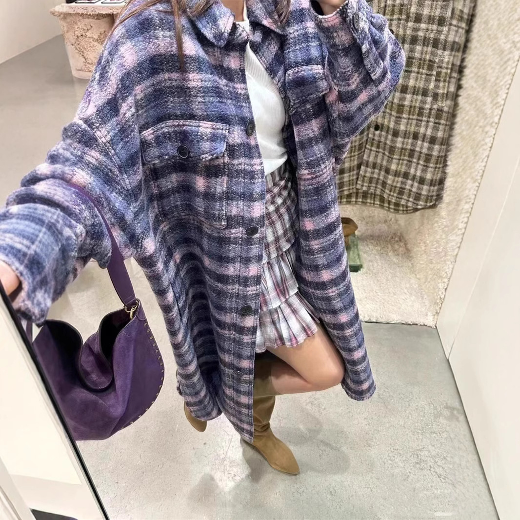 프랑스 틈새 유행 빈티지 2024 가을과 겨울 새로운 양모 혼합 옷깃 무늬 모직 롱 코트