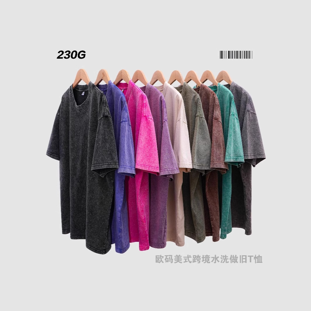 230g de tamaño europeo americano suelto y desgastado retro lavado camiseta de manga corta para hombres y mujeres camiseta de algodón de color sólido sin impresión