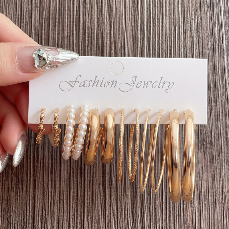 European and American style C-shaped textured high-end personalized earrings 6-piece set pearl earrings Hepburn style earrings for women from the source factory