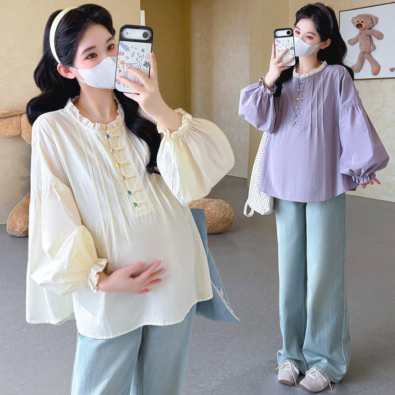 Maternity Shirt Spring New Style Lace Splicing Long-Sleeved Shirt with Colorful Buttons Loose Large Size Top Maternity Shirt Maternity Shirt Spring New Style Lace Splicing Long-Sleeved Shirt with Colorful Buttons Loose Large Size Top Maternity Shirt