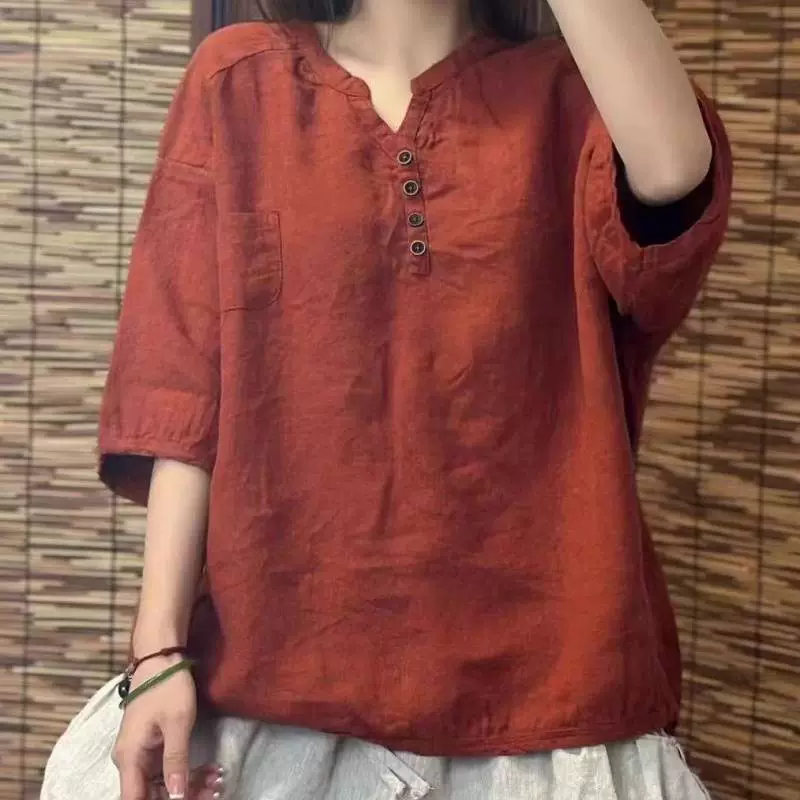 Новые топы в китайском стиле для женщин, весна и лето 2025, новые рубашки чистого цвета, повседневные, удобные, с свободным воротником, рукавами пять четвертей для женщин