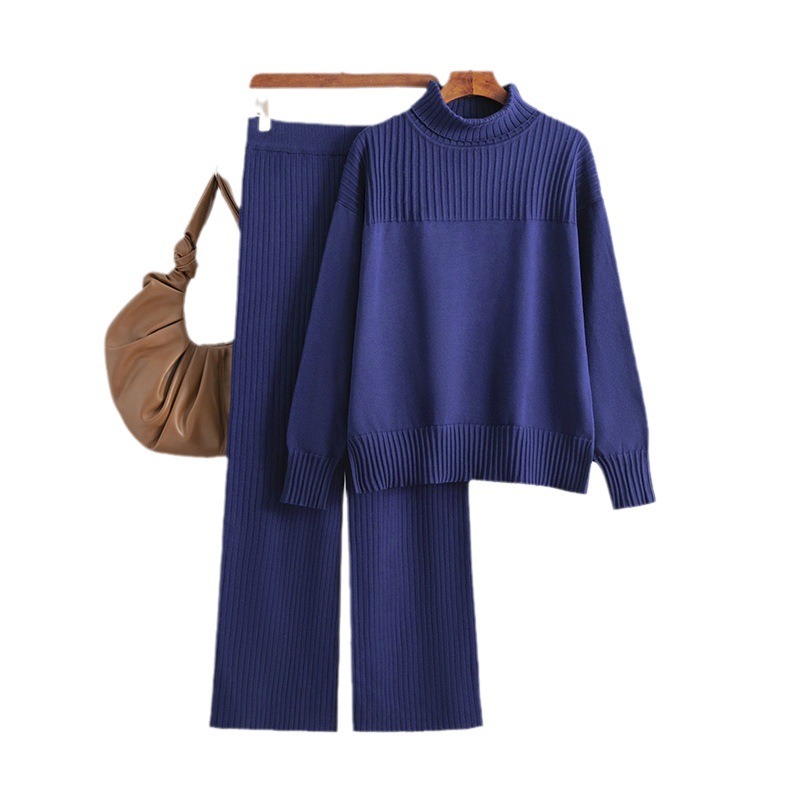 Women's knitted pullover solid color turtleneck loose casual sweater two-piece set_voghion.com