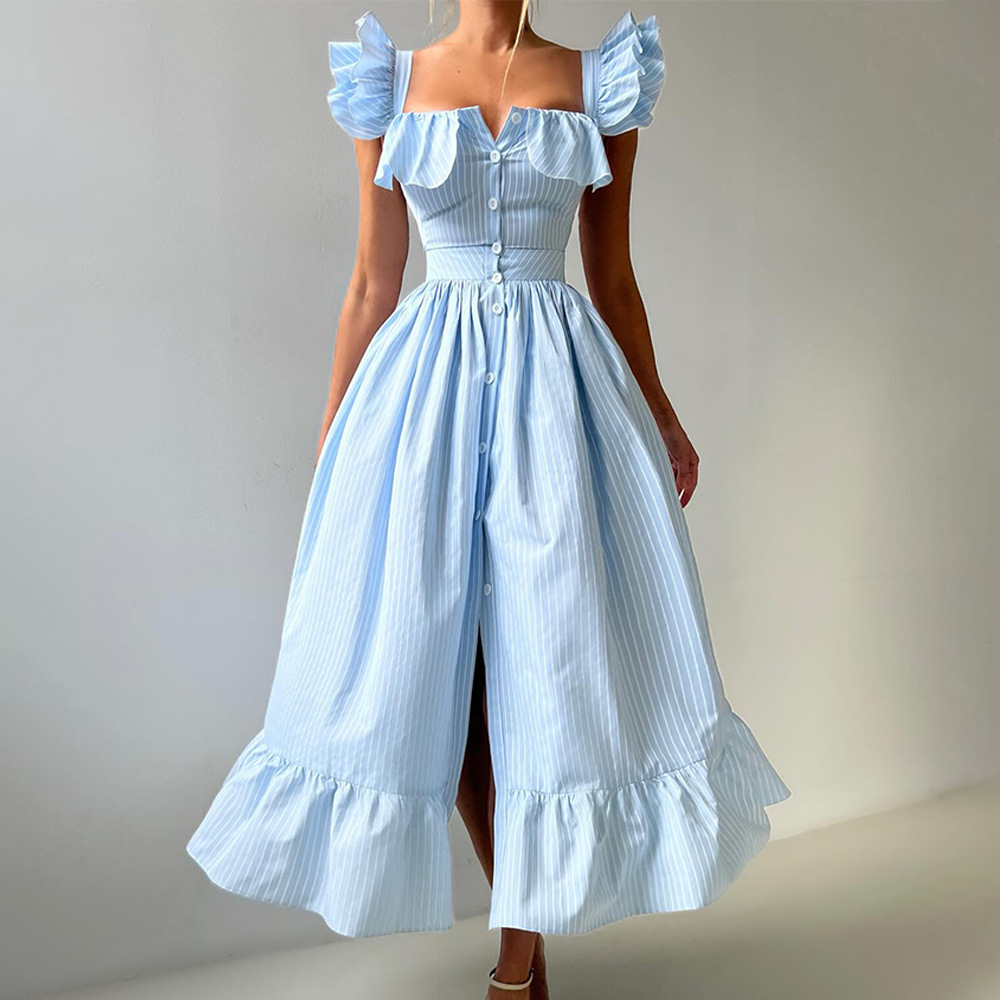 Women's Clothing Striped Dress Button Down Cardigan Waist Cinching Long Dress Summer New Style Flutter Sleeve_ecoleips.com