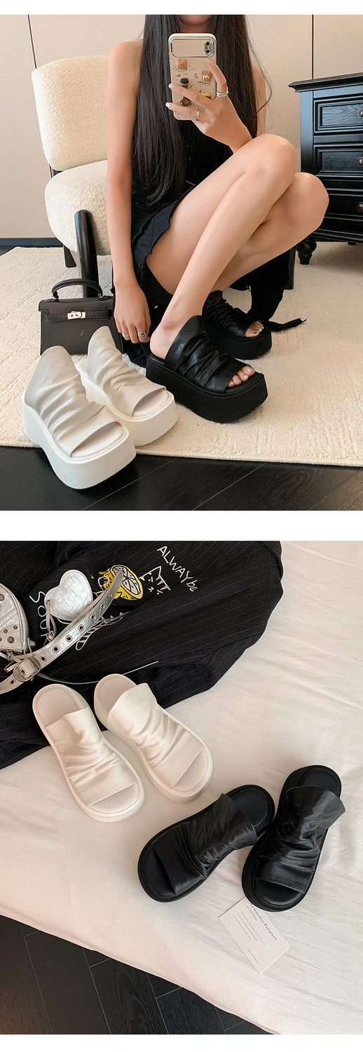 Dép sandal nữ hở mũi đế dày xếp li phong cách La Mã — đen, trắng chi tiết 6