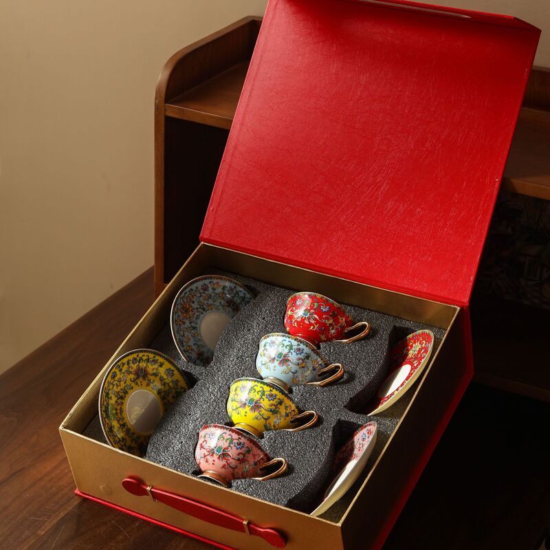 T5Lp Enamel Retro Porcelain Bowl Bone China Noodle Bowl Mid-Autumn Festival Gift Box Retro Chinese Gold Edge Cup and Saucer Set Gift Bowl