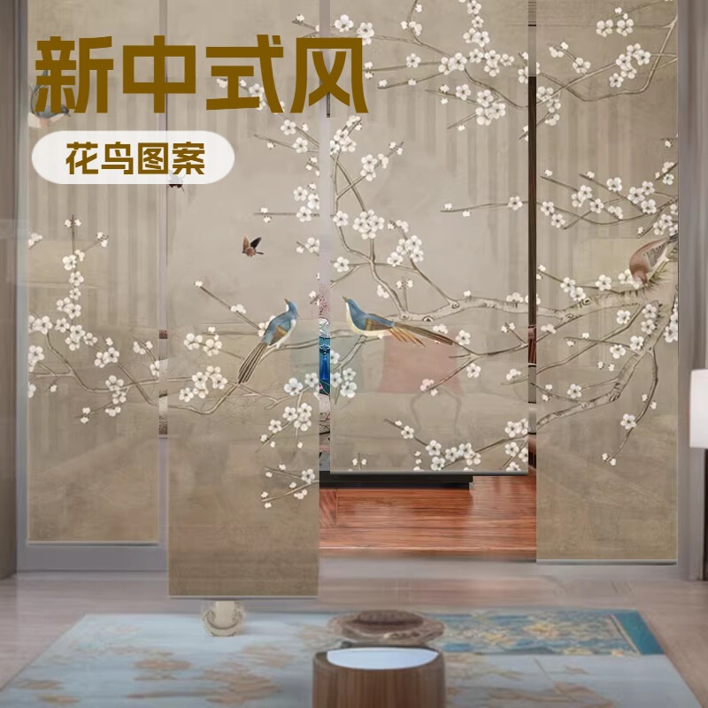 New Chinese-Style Floral and Bird-Themed Blackout Roller Blinds, Hand-Pulled Office and Home Decorative Hanging Curtains, Semi-Transparent Fabric Custom Partition Curtains