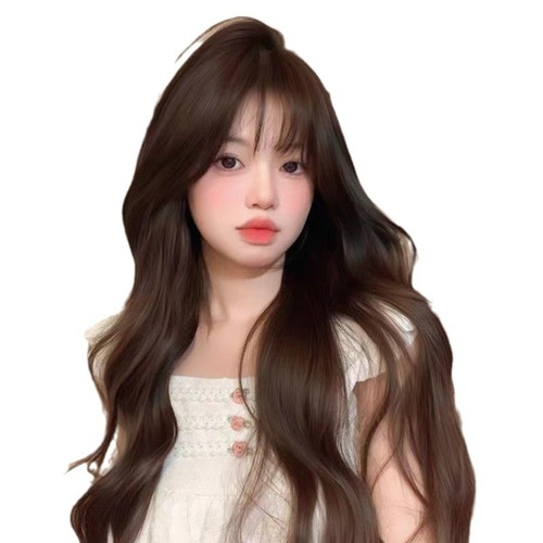 Starway wig for women with cold brown long curly hair, fashionable, natural water ripples, air bangs, fluffy full headgear style
