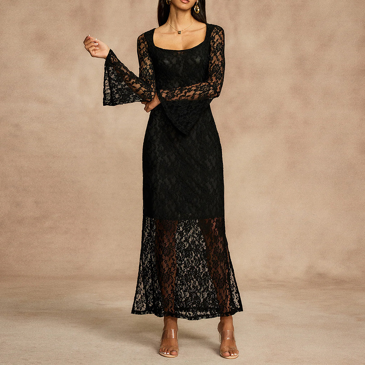 Spring Summer Autumn Women Elegant Lace Stitching Square Collar Bell Sleeve Maxi Dress