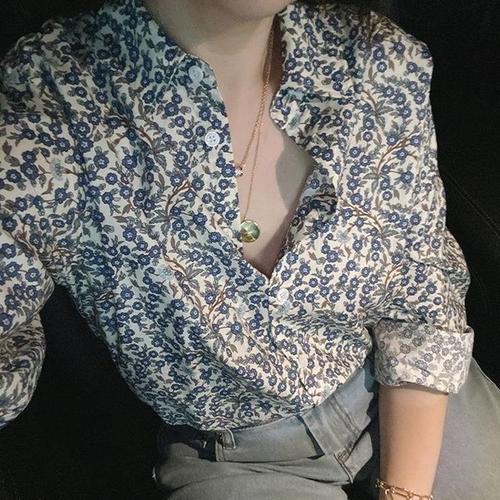 French-style niche literary retro blouse, new vine pattern floral print loose plus-size slimming tunic top long-sleeved shirt