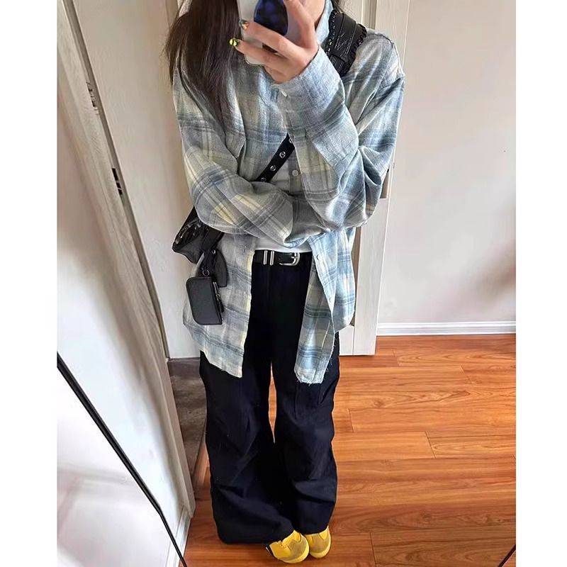 磨毛衬衫女秋冬款格子宽松休闲长袖上衣加厚衬衣外套开衫|undefined
