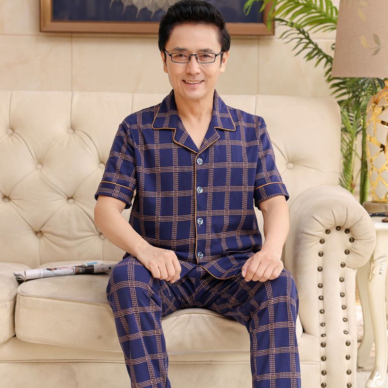 Papá pijamas de verano de algodón para hombres de manga corta delgada de verano pantalones largos de media manga para hombres de mediana edad set de ropa para el hogar