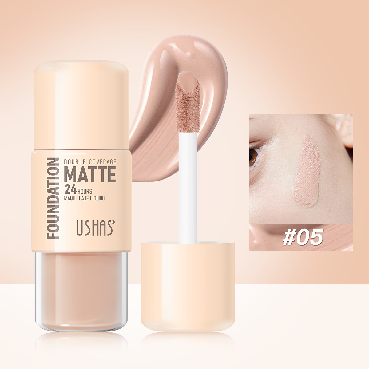USHAS Base líquida de punto transfronterizo europea y americana Efecto de maquillaje mate Moisturizing Base de maquillaje Corrector impermeable de larga duración UC080