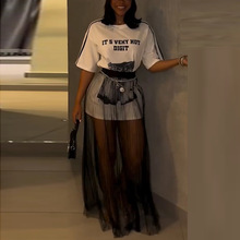 2025夏季新款跨境外贸女式圆领印花长T恤+网纱裙时尚休闲两件套装