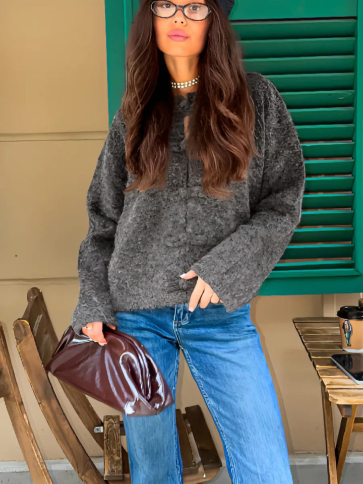 Áo cardigan len dài tay cổ tròn màu trơn cài khuy, form rộng — Màu tím, Xanh nhạt, Xanh quân đội, Xanh rêu đậm chi tiết 27