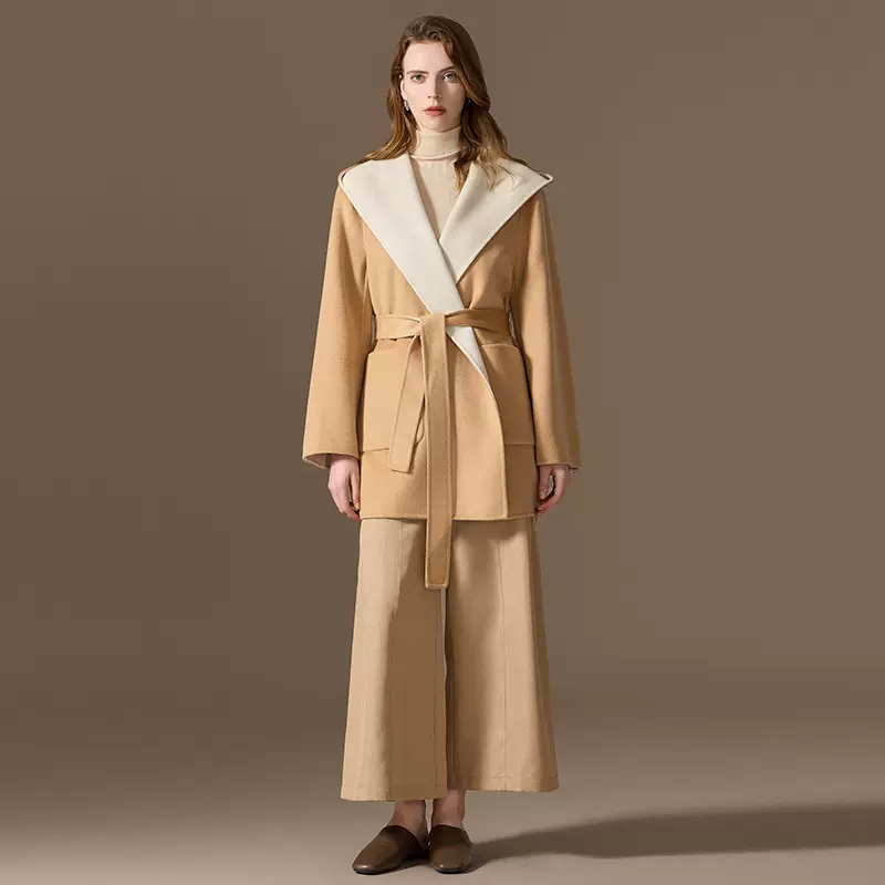 100山羊绒大衣女短款2025秋冬新款双面穿双色高级感连帽毛呢外套