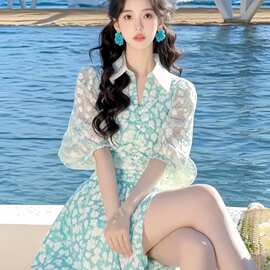 韩系减龄洋气碎花衬衫连衣裙女装2025夏季新款绝美洋气五分袖裙子