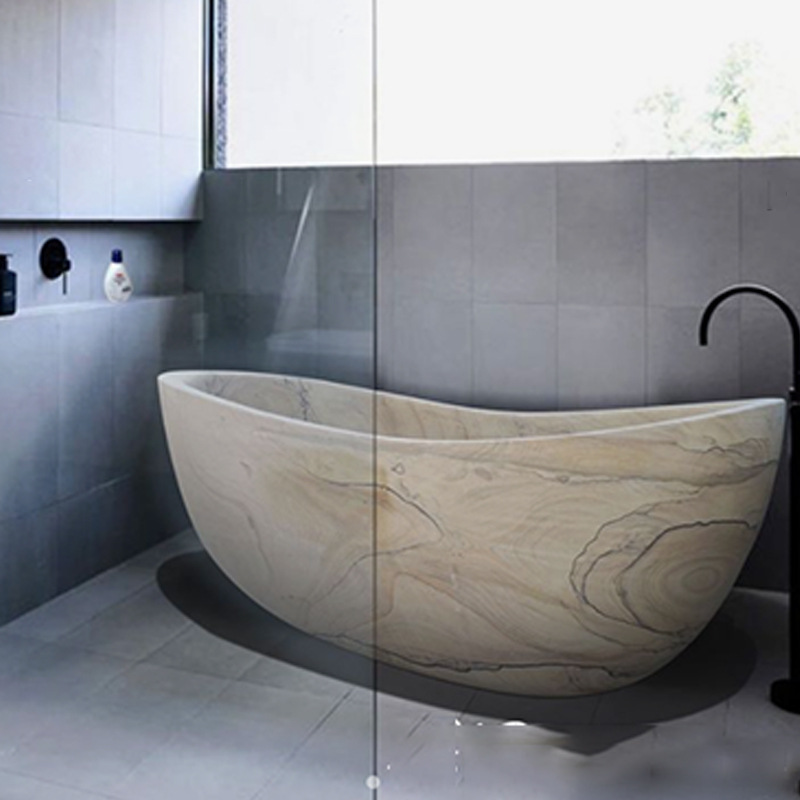 大理石浴缸鹅蛋形成人独立式酒店别墅民宿全身浴盆落地式一体洞石|ms
