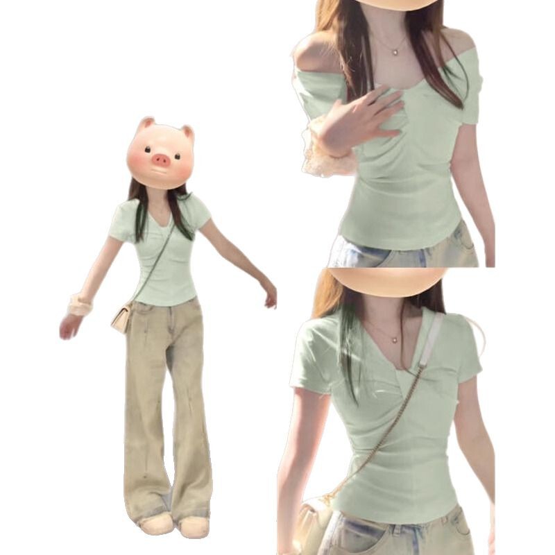 ミルクイエローの右肩半袖ワンショルダーショートトップフレンチVネックスリムTシャツレディース夏の美しいドーパミンウェア|undefined