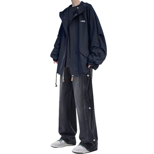 Spring and Autumn Season Hong Kong Style Hooded Work Jacket Set for Men Loose Trendy Outerwear with Jeans, Stylish Two-Piece Set